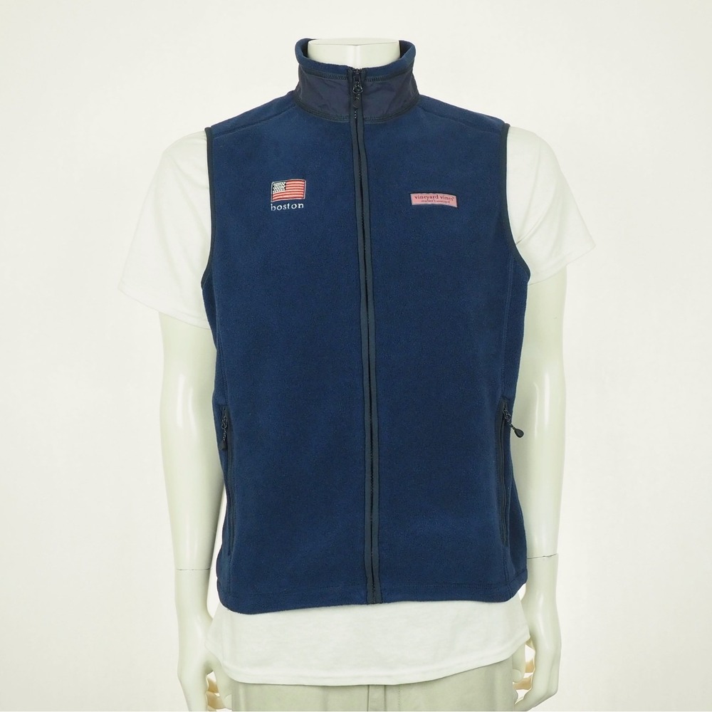 Vineyard Vines Harbor Fleece Jacket Vest Mens Small Blue USA Flag Boston Casual